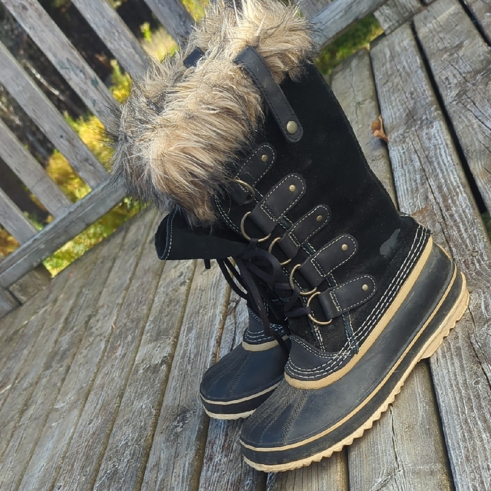Sorel Black Fur-Trim Winter Rain Boots
